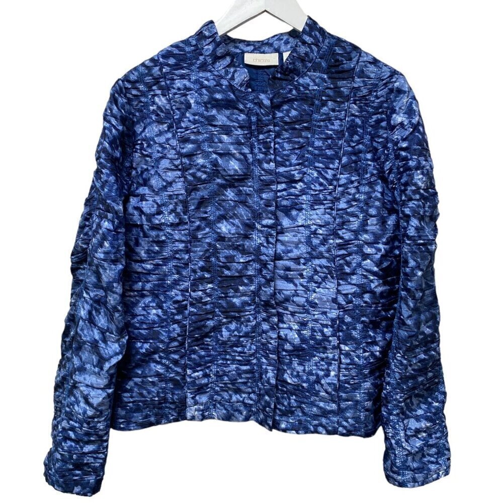 CHICO'S Jacket Size Large (Chicos 2) Blue Zip Front Ruched Boho Artsy Womens Top